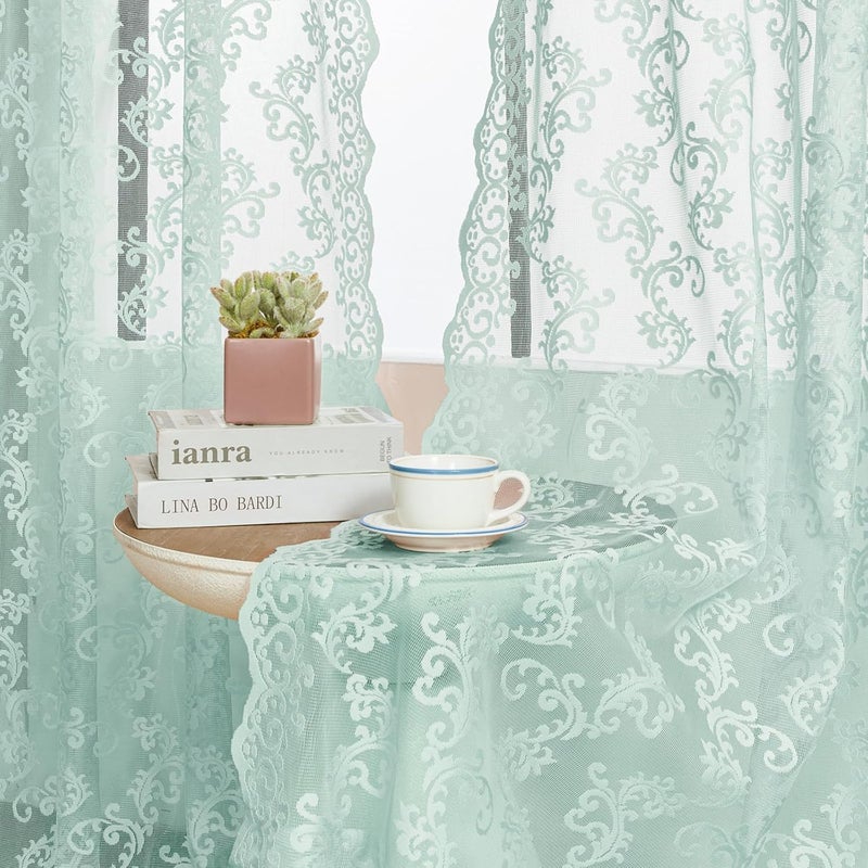 FOLKSIDE Pastel Turquoise Lace Curtains 96 Inches Long Rod Pocket Light Teal Paisley Lace Curtains for Living Room Dining Room Light Filtering Aqua French Window Drapes for Western Sea Ocean Beach Decor, 52x96 - Image 2